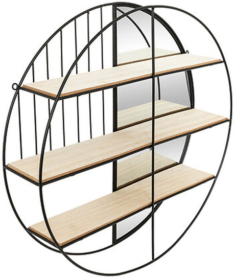 Merkloos sans marque wandkastje met spiegel - zwart - metaal - rond ontwerp - 3 plankjes - 58 x 39 cm - wandplanken