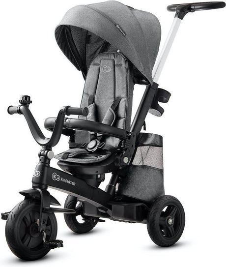 Kinderkraft Easytwist Dreirad – für Kinder ab 9 Monaten – 360° drehbarer Sitz, verstellbar und klappbar, mit Sonnenschirm und Stauraum – Grau