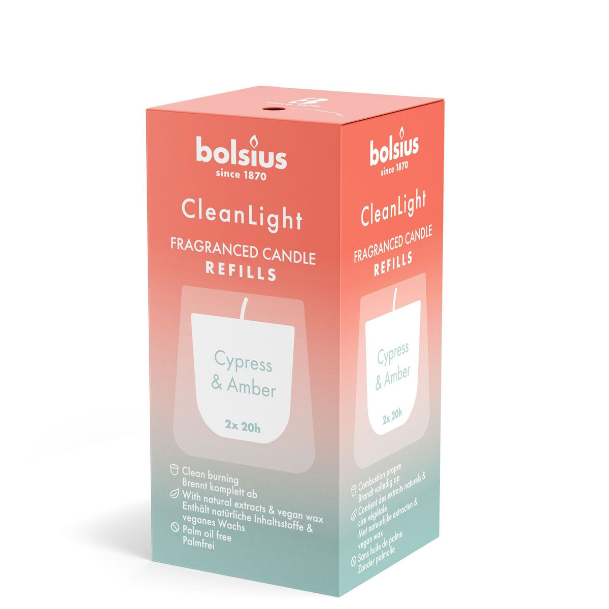 Bolsius Clean Light Duftnachfüller 20h Zypressen-Bernstein, Schachtel mit 2 Stück