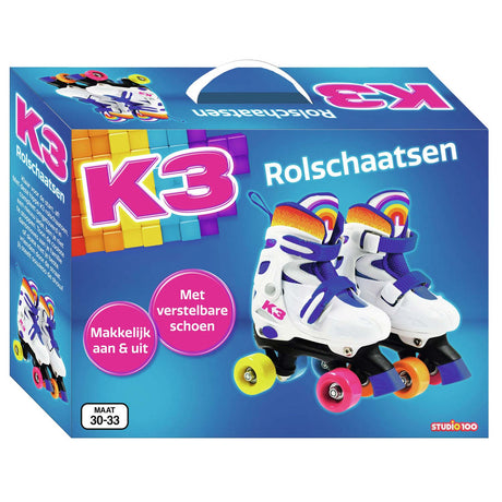 K3 - Rollschuhe - Größe 30 33 - in 4 Größen verstellbar - mit Stopper - Weiß - Regenbogen - mit Rollen in 4 Farben