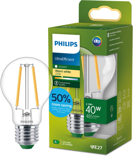 Philips led philips ultraefficient led lamp - 40w - e27 fitting - warmwit licht: 2700k - dimbaar - mat glas - a60 lampvorm - lange levensduur