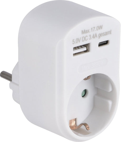 Q-link adapterstekker 230v met usb a c aansluiting - 3.4a uitgangsstroom - voorzien van randaarde - verdeelstekker - geschikt tot 16a - maximaal 3680 watt - gemaakt van kunststof - kleur wit