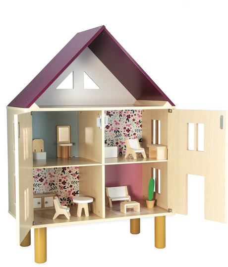 Janod Twist – Puppenhaus – Puppenhaus aus Holz mit drei Etagen – Lieferung mit 11 Möbelstücken zur Einrichtung des Hauses – geeignet ab 3 Jahren