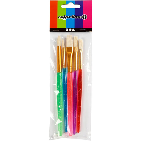 Creativ Company Pinsel für Kinder, Größe 8+12+18, L: 14-16 cm, B: 5-10 mm, flach, rund, verschiedene Farben, 5 Stück 1 Box