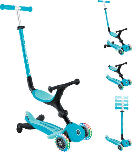 Globber Mitwachsroller – Go Up Active Lights Aqua 360 – Blau – leuchtende Räder – mit Schiebestange – höhenverstellbar – von 15 Monaten bis 9 Jahren