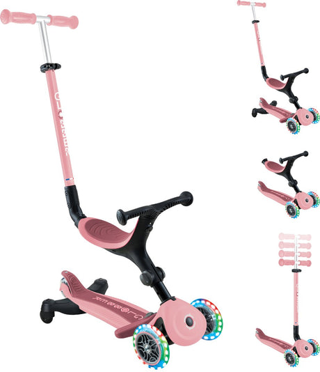 Mitwachsender Globber-Scooter – Go Up Active Lights Pastellrosa 360 – Rosa – leuchtende Räder – mit Schiebestange – höhenverstellbar – von 15 Monaten bis 9 Jahren