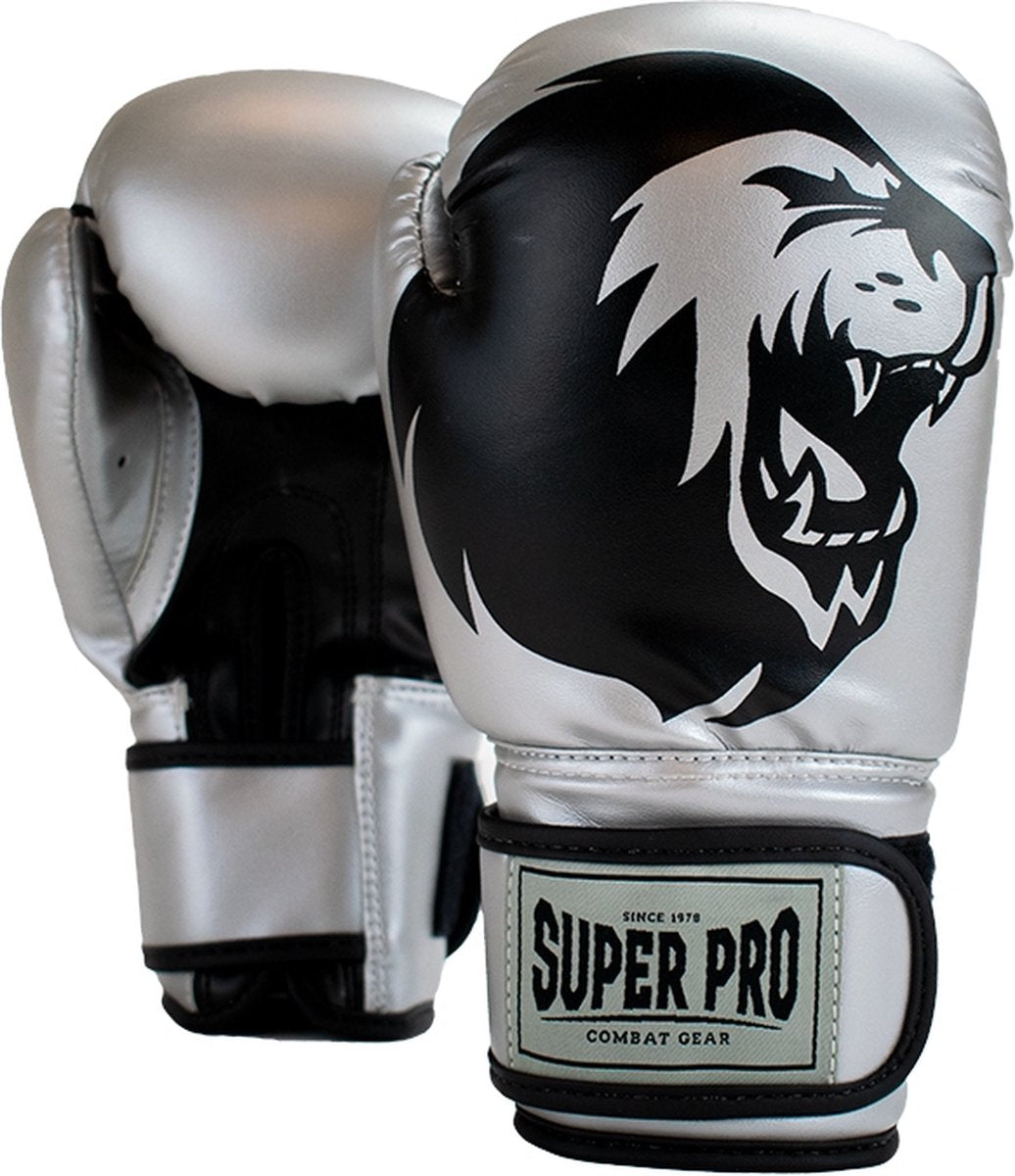 Super pro combat gear talent (kick)bokshandschoenen zilver zwart 6oz