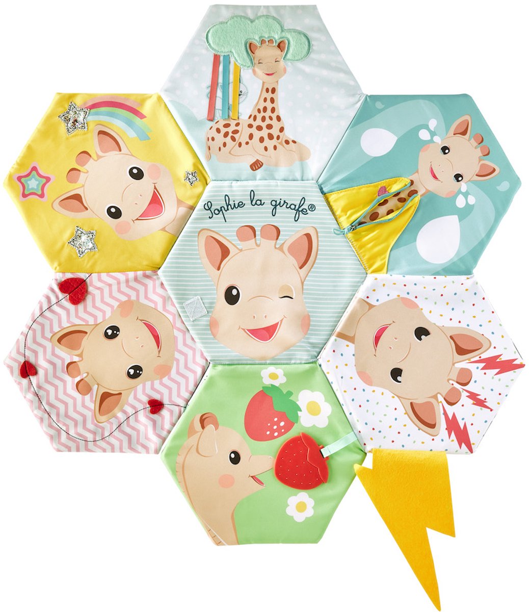Sophie die Giraffe, Entdeckungsbuch und Spielmatte 2 in 1 – sensorisches Babybuch mit Texturen, Reißverschluss, Spiegel, Knisterpapier, schwarz-weiße Kontrastseite – regt das Sehen, Fühlen und Hören an – 60 x 60 cm – ab 0 Monaten