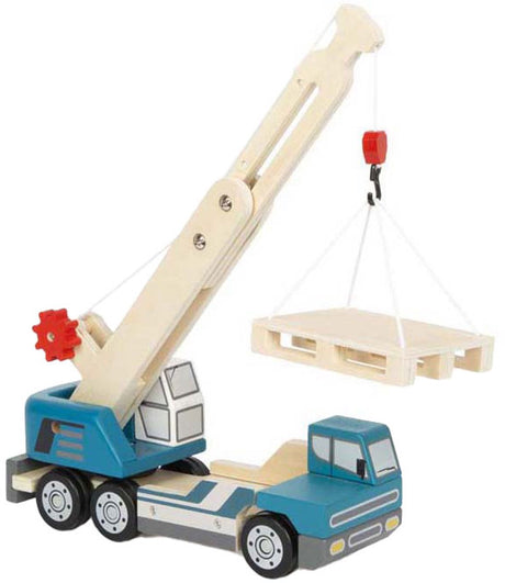 Small Foot – blauer Kranwagen aus Holz mit Palette