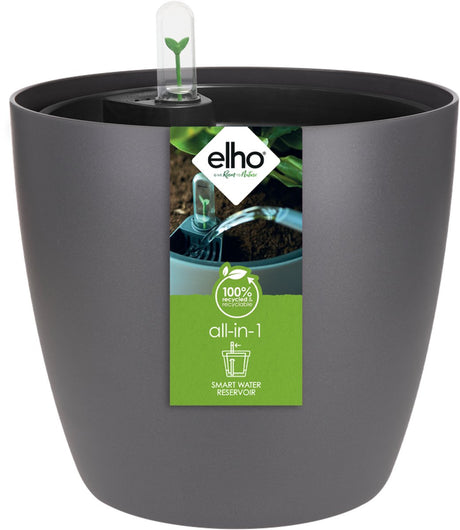 Elho All-in-1 Brussels Round 18 + Swi 17 – Blumentopf mit Wasserzähler – 100 % recycelter Kunststoff – ø 18 cm – Anthrazit