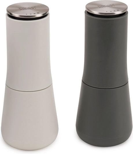 Joseph Joseph Milltop Salz- und Pfeffermühlen-Set – Anti-Chaos-Design – einstellbarer Mahlgrad – Grau – 2-teilig