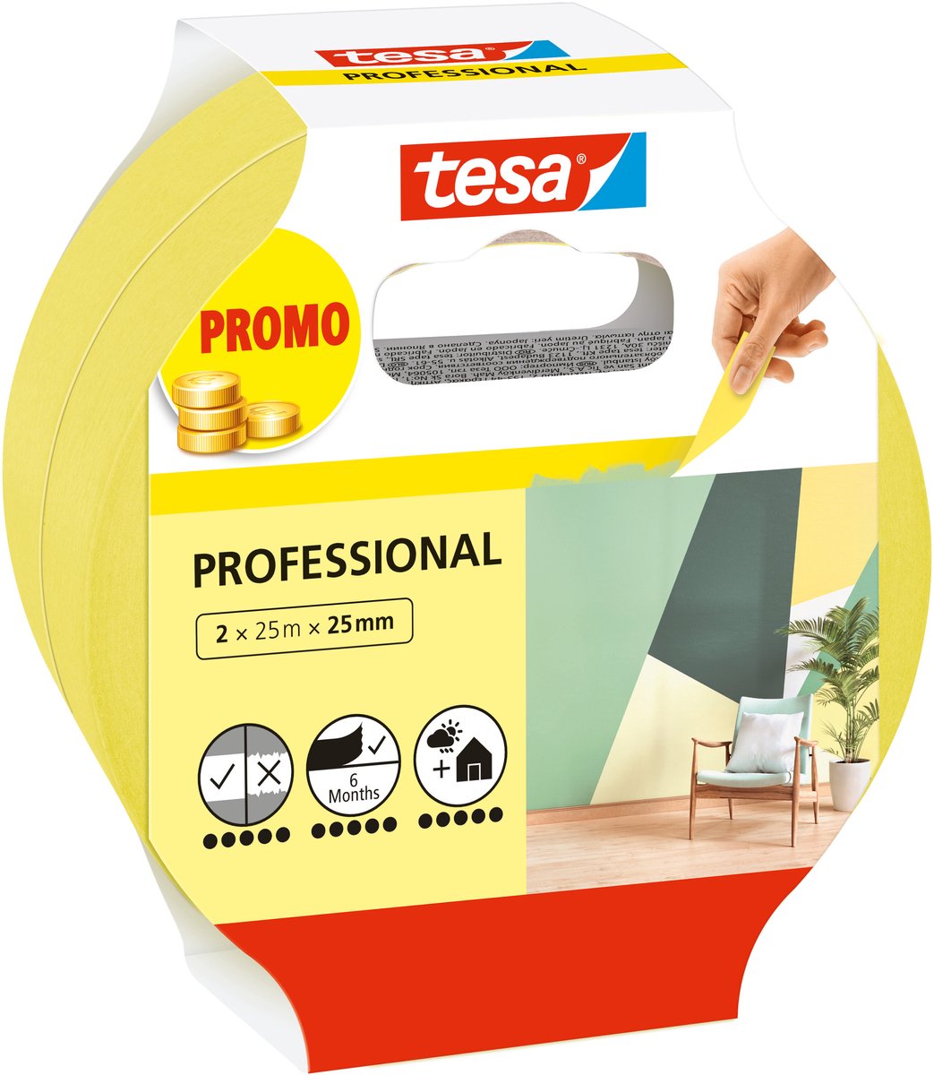 Tesa Masking Tape, professionelles Malerband zum präzisen Abkleben von Washi-Papier – 2 x 25 m x 25 mm