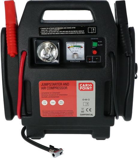 Starthilfe von Carpoint – 12 Volt – mit Luftkompressor – Spitzenleistung 400 A – Laden mit 230 Volt oder 12-Volt-Adapter – maximaler Kompressordruck 18 bar 260 psi – integrierte LED-Beleuchtung – Abmessungen 365 x 345 x 175 mm