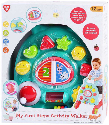 Playgo-Aktivitätslaufwagen aus Kunststoff mit Lernspielzeugen.