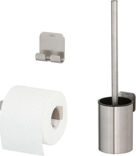 Tiger Colar Toilettenzubehörset – Toilettenbürste mit Halter – Toilettenpapierhalter – Haken – gebürsteter Edelstahl