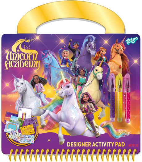 Totum unicorn academy designer vakantie doeboek tekenen, schrijven, stickeren 25-delig met goudkleurig handvat - creatief speelgoed meisjes vanaf 3 jaar