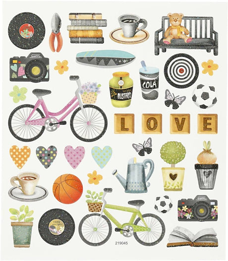 Creativ Firmenaufkleber Freizeit – Aufkleberbogen mit Fahrrad, Blumen Kaffee – selbstklebende Aufkleber für Scrapbooking, Bullet-Journal-Karten – 15x16,5 cm – 1 Bogen