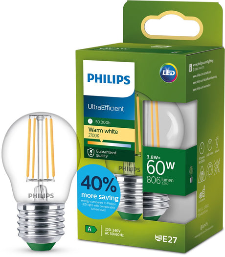 Philips led philips ultraefficient led lamp - 25w - e14 fitting - warmwit licht: 2700k - mat glas - p45 kogellamp - lange levensduur