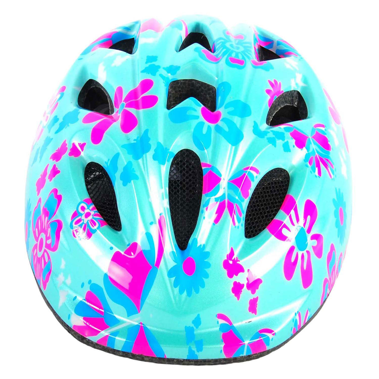 Volare Kinderfahrradhelm – XS – blaue rosa Blumen – 47–51 cm – extra kleines Modell