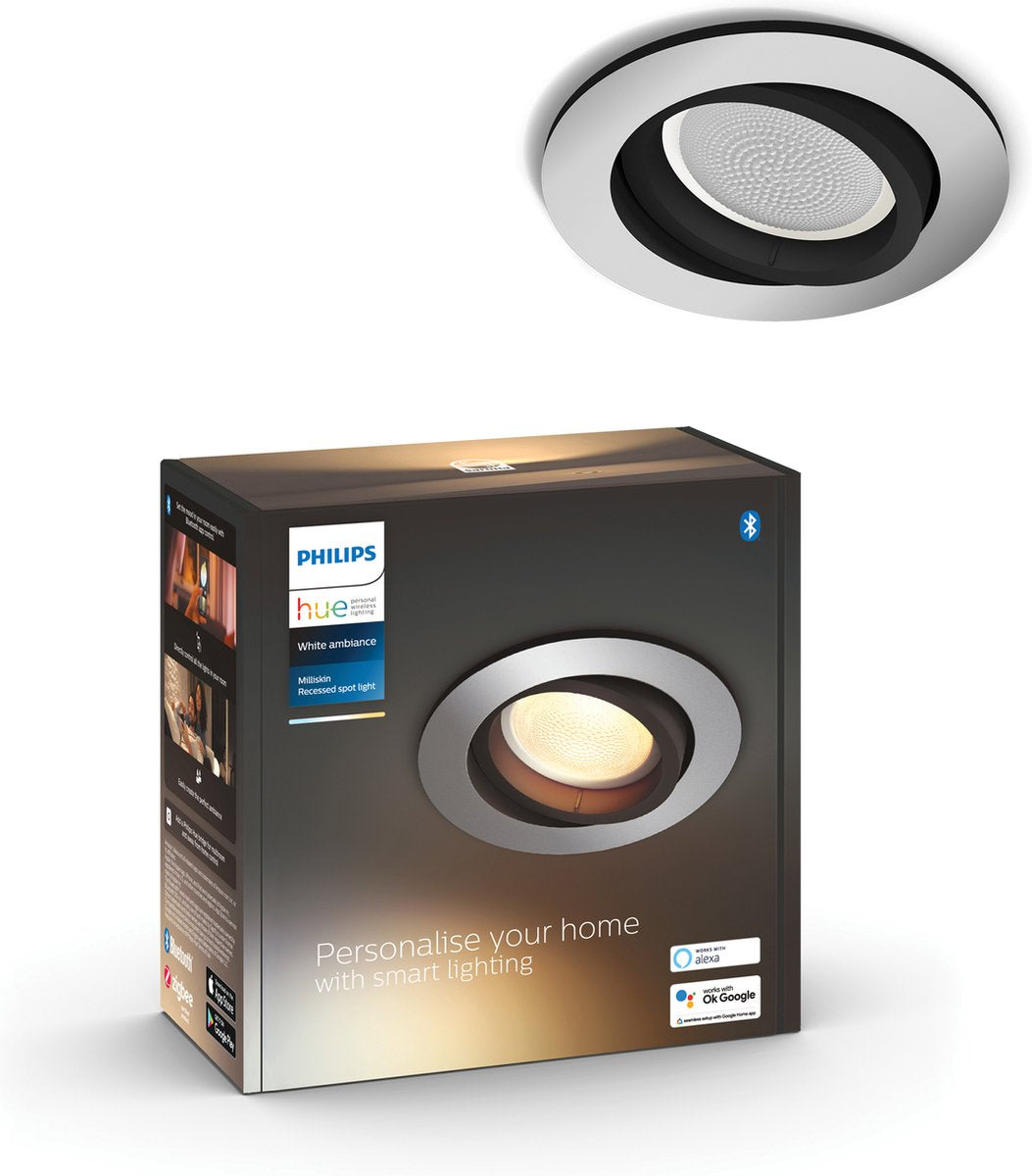 Philips hue milliskin inbouwspot - warm tot koelwit licht - 1-pack - aluminium - rond