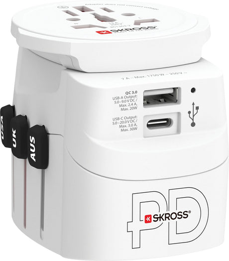 Skross - Weltreiseadapter Pro Light mit Erdungssteckern (nicht schweizerisch und italienisch) + 1 USB + 1 Typ-C-Anschluss