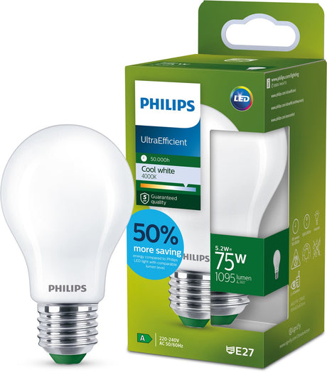Philips led philips ultraefficient led lamp - mat - 75w - e27 fitting - koelwit licht: 4000k - bespaar op energiekosten