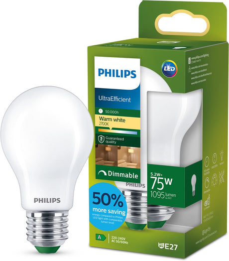 Philips led philips ultraefficient led lamp - 60w - e14 fitting - warmwit licht: 2700k - helder glas - p45 kogellamp - lange levensduur