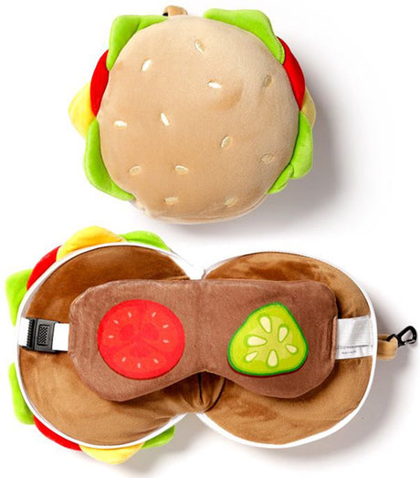Relaxeazzz Plüsch-Hamburger, rundes Reisekissen und Schlafmaske – Beige