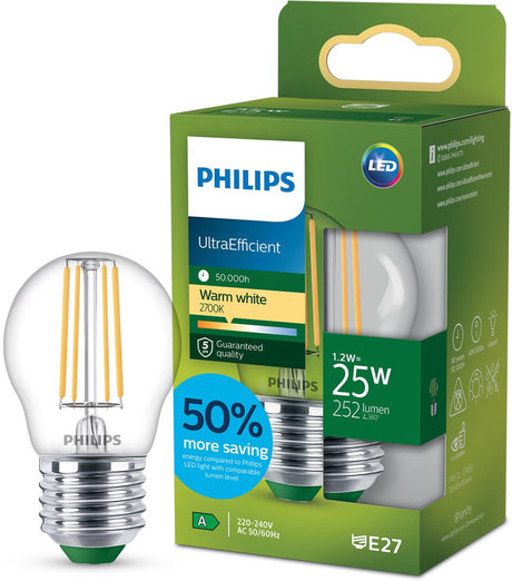 Philips led philips ultraefficient led lamp - transparant - 75w - e27 fitting - warmwit licht: 2700k - bespaar op energiekosten