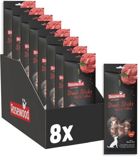 Rosewood steak sticks rund en koolvis large - kauwstaven - met runderhuid - graanvrij - 8 x 3 kauwstaven