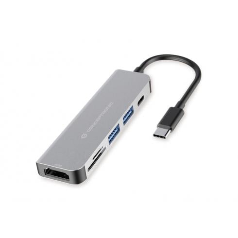 Conceptronic donn02g 6-in-1 multifunktionaler USB-Hub-Adapter, USB 3.2 Gen 1 Typ-C, HDMI, 5 Gbit/s, Aluminium