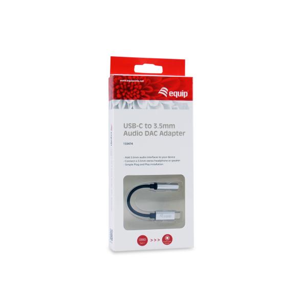 Equip 133474 USB-C-auf-3,5-mm-Audio-DAC-Adapter, USB-C, 3,5 mm, männlich weiblich, 0,15 m, schwarz, silber