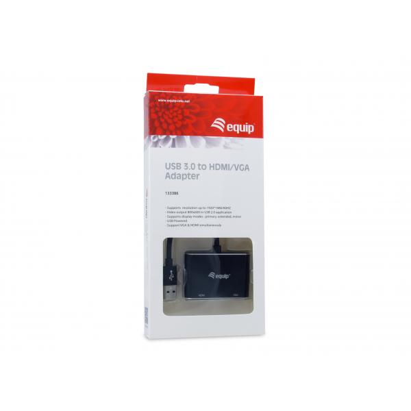 Equip 133386 USB-zu-HDMI-VGA-Adapter, USB 3.2 Gen 1 Typ A, HDMI-Ausgang, 1920 x 1080 Pixel