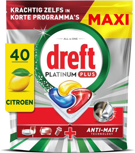 Dreft Platinum Plus Lemon Geschirrspültabs – Anti-Matt-Technologie – 40 Stück