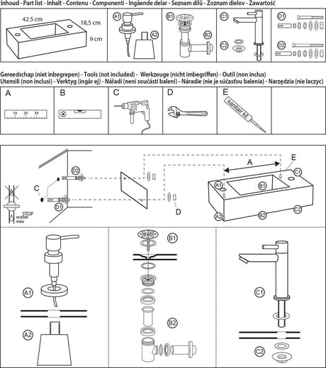 Differnz Saponbrunnen-Set – 42 x 18,5 x 9 cm – rechteckig – 1 Hahnloch – mit Siphonbrunnen und Ablassschraube – Naturstein schwarz