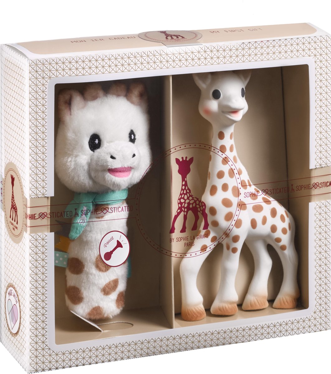 Anspruchsvolles Geschenkset „Sophie die Giraffe“ – Babyspielzeug – Quetschrassel – Geschenk zur Mutterschaft – Geschenk zur Babyparty – 4-teilig