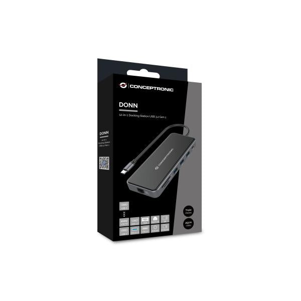 Conceptronic donn15g 12-in-1-Dockingstation, USB 3.2 Gen 1, Typ C, 100 W, HDMI, VGA, (Micro)SD