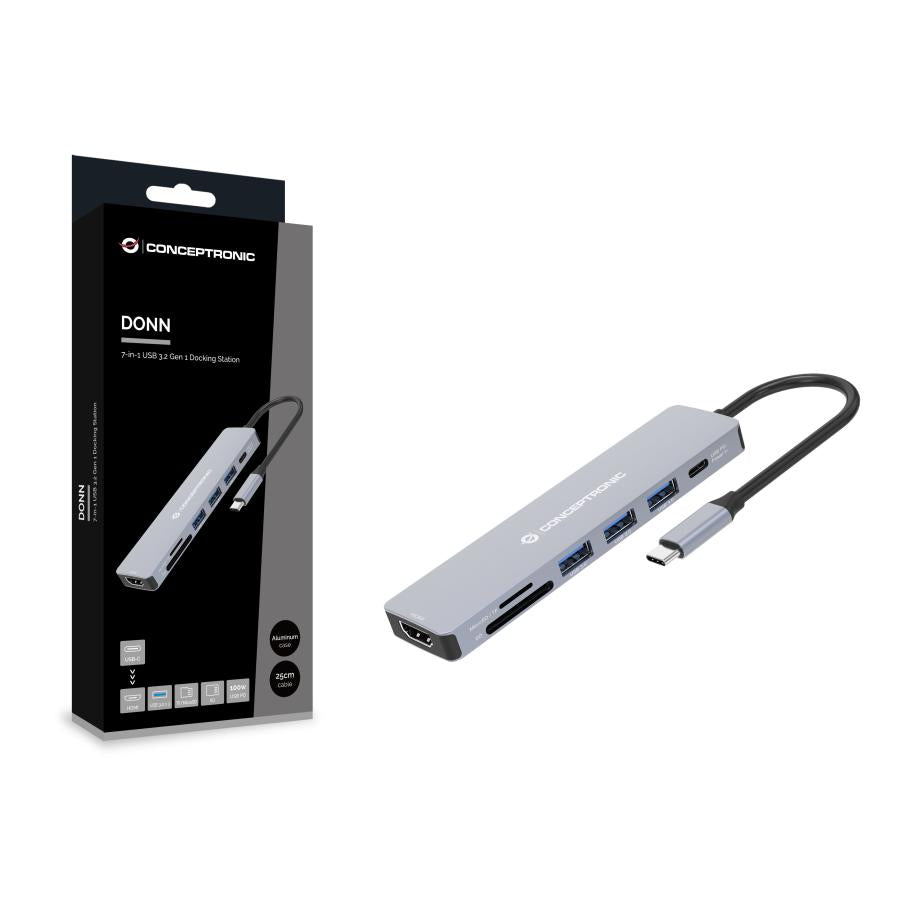 Conceptronic donn19g 7-in-1 USB 3.2 Gen 1 Dockingstation, HDMI, USB-A 3.0 x 3, SD, TF microSD, 100 W