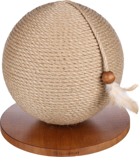 Flamingo kattenspeelgoed - kattenspeelbal krabbal estrella bruin ø 29 cm – interactieve speelbal met jute krabtouw en veer – stijlvol duurzaam krabspeelgoed voor katten
