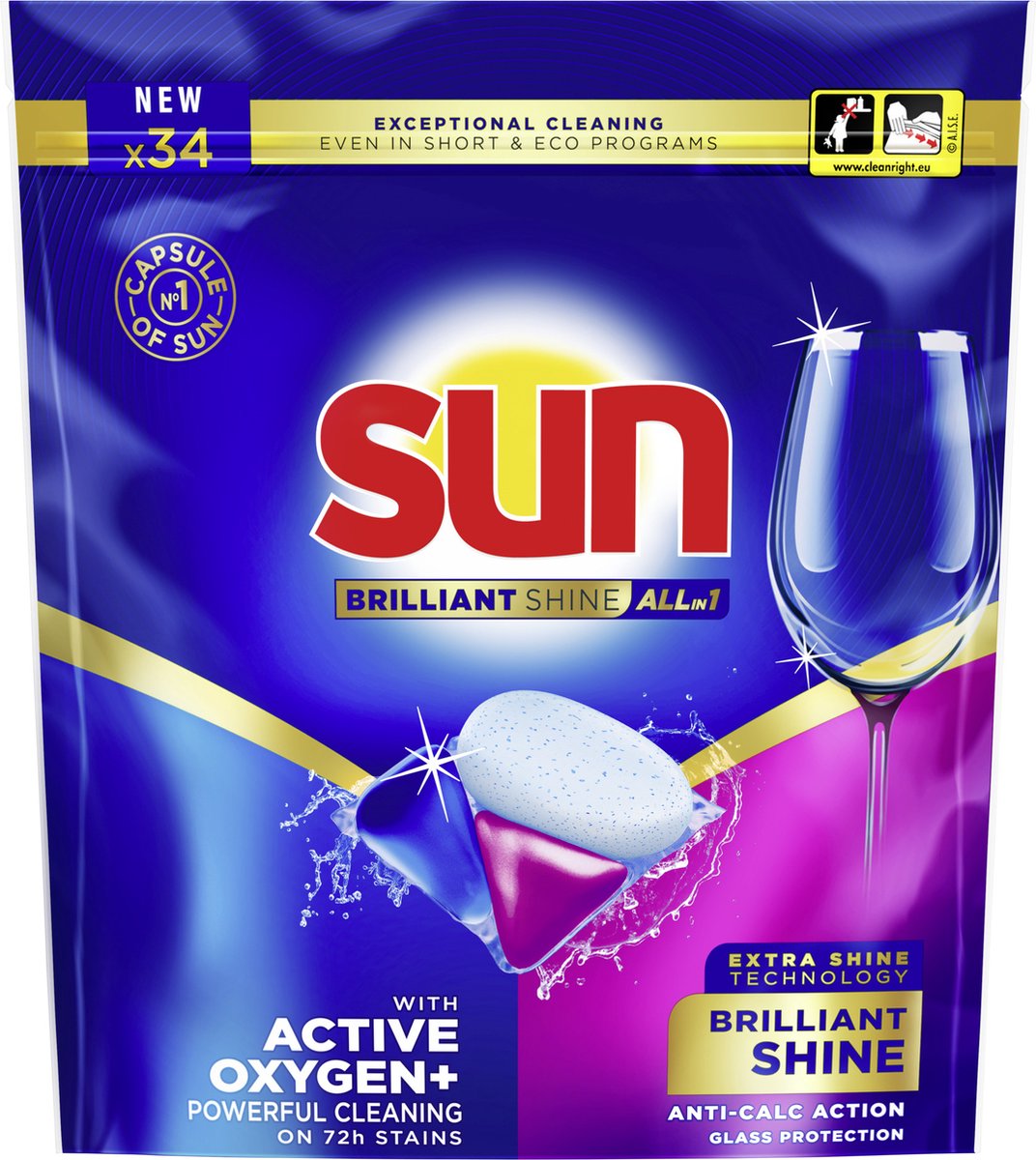 Sun - vaatwastabletten - brilliant shine - all-in 1 - 34 capsules - voordeelverpakking