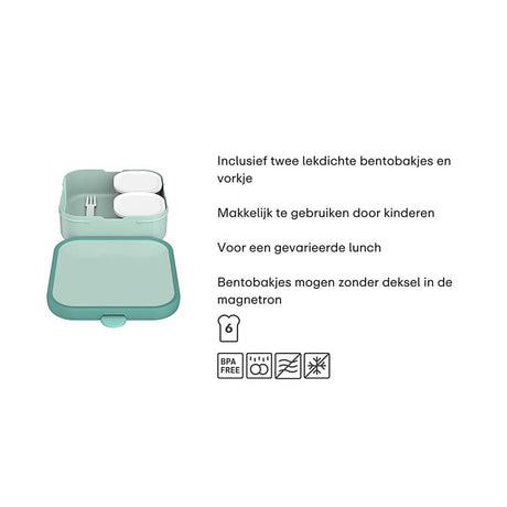 Mepal Bento-Lunchbox groß Campus – 1,25 l – inklusive 2 herausnehmbaren, auslaufsicheren Bento-Behältern Gabel – kühles Mint