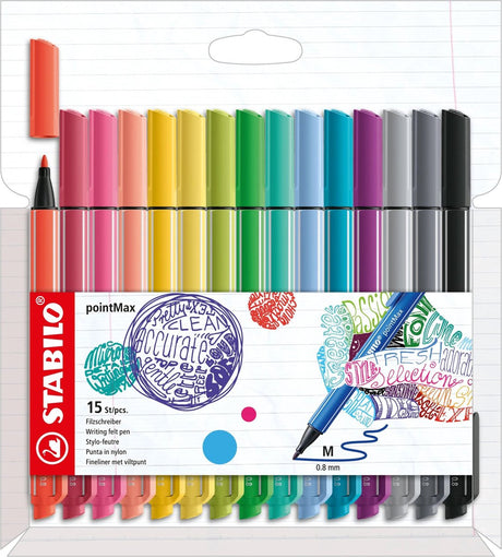 Stabilo pointmax – Hardtip Fineliner 0,8 mm – Nylonspitze – Etui mit 15 Farben