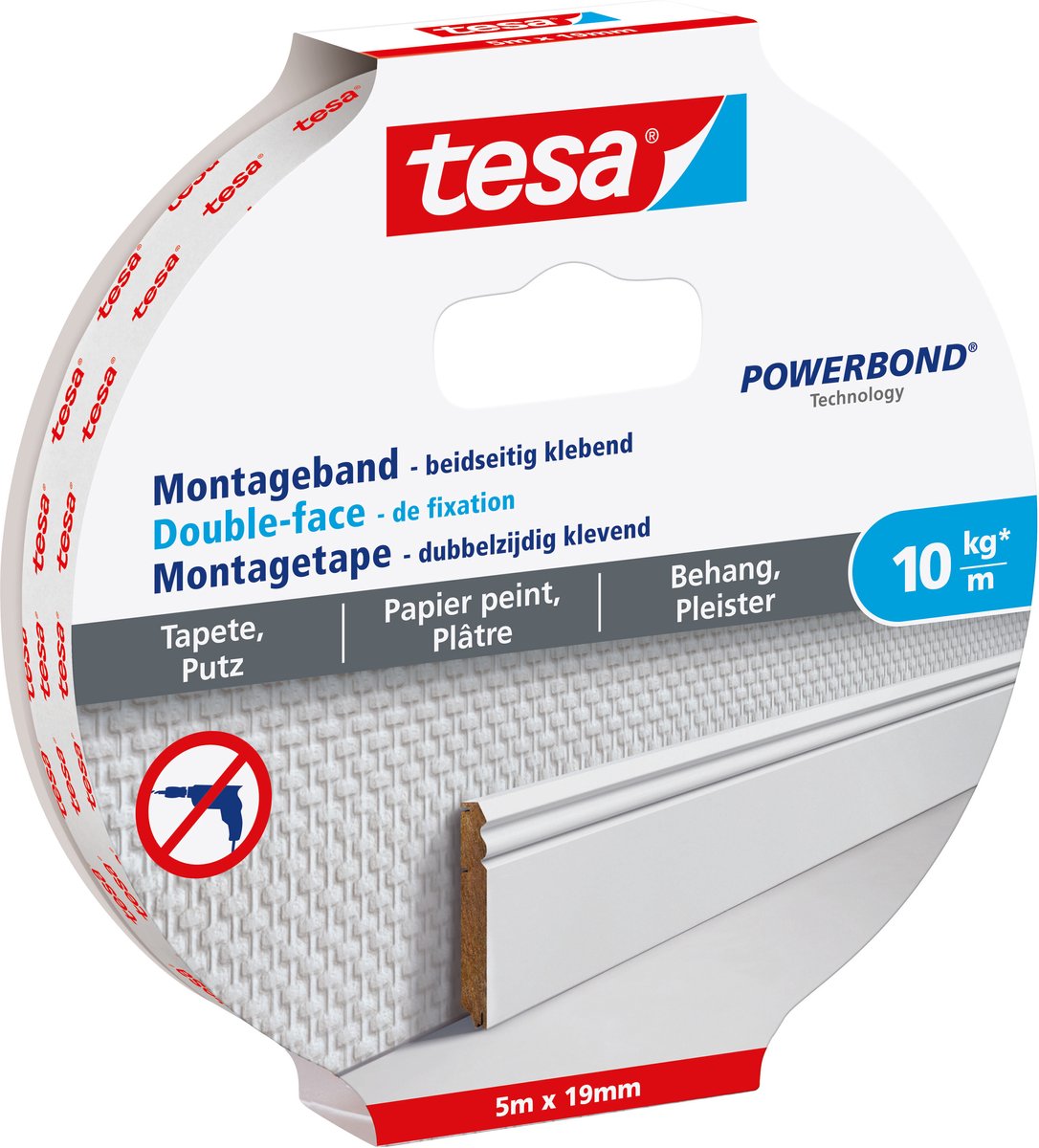 Tesa-Montageband für Tapeten und Putz, 10 kg pro Meter, doppelseitig – 5 m x 19 mm
