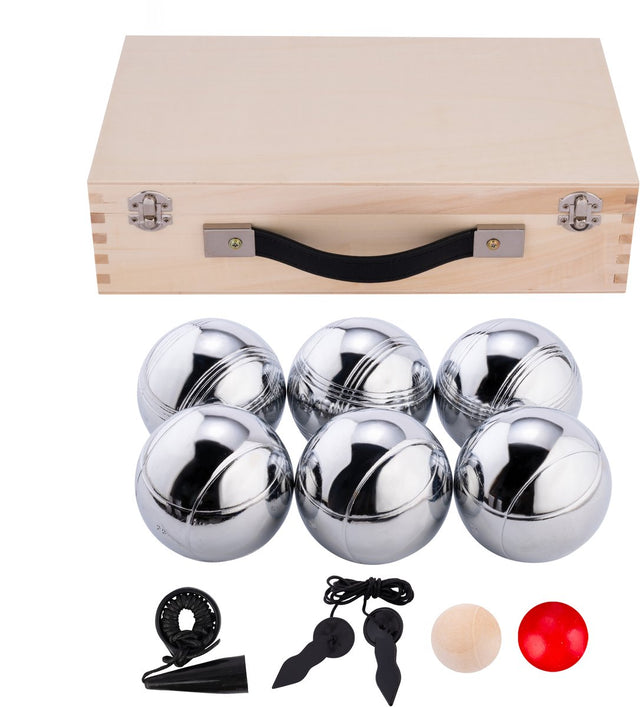 Engelhart Metall-Jeu de Boules – 6 Kugeln in Holzkiste – Luxus-Set – Pétanque – Boule – Metallkugeln – passend für jeden Jeu de Boules-Platz – Langfeld