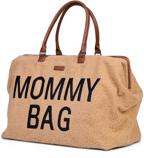 Childhome Mommy Bag Stilltasche aus Teddystoff – superweiche Wickeltasche für Krankenhaus, Wochenende und den täglichen Gebrauch – inklusive faltbarer Wickelunterlage, Kühlfach und Tragegurt – belgisches Design – 55 x 30 x 40 cm – braun