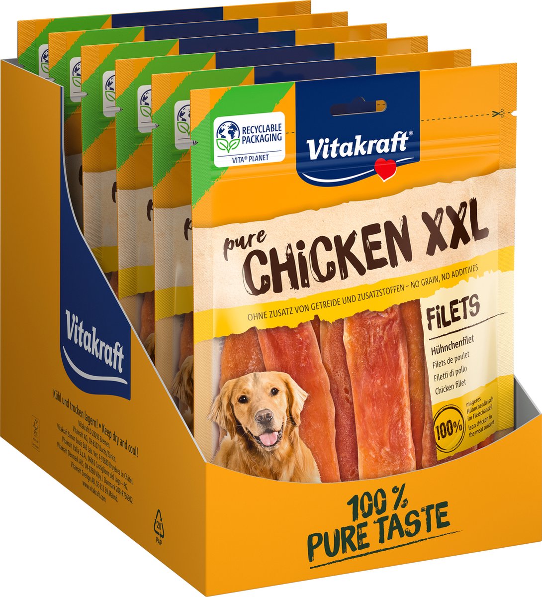 Vitakraft pure chicken xxl kipfilet - 6x 250 gram