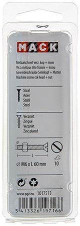 Mack 1017513 - metaalschroef verz. kop + moer verz. 5 st m6 x 60 mm | 10 stuks