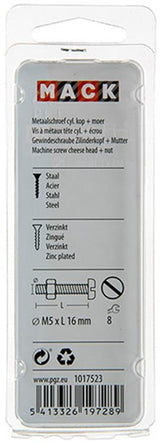 Mack 1017523 - metaalschroef cyl. kop + moer verz. 16 st m5 x 16 mm | 10 stuks