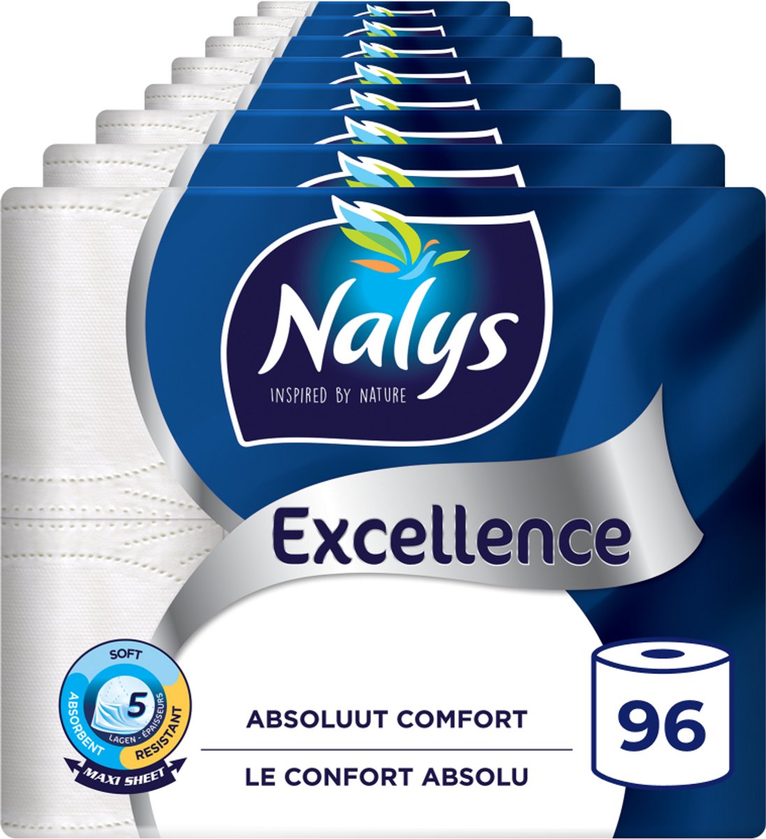 Nalys Excellence Toilettenpapier – 96 Rollen – Maxiblätter (5-lagig) – Vorteilspackung – Papierverpackung