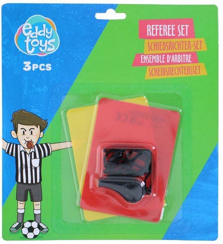 Eddy toys referee set 3-delig - scheidsrechtersset met fluitje, rode en gele kaart - kunststof - uitdeelcadeau voor kinderfeestjes en sportspellen - zwart, rood en geel